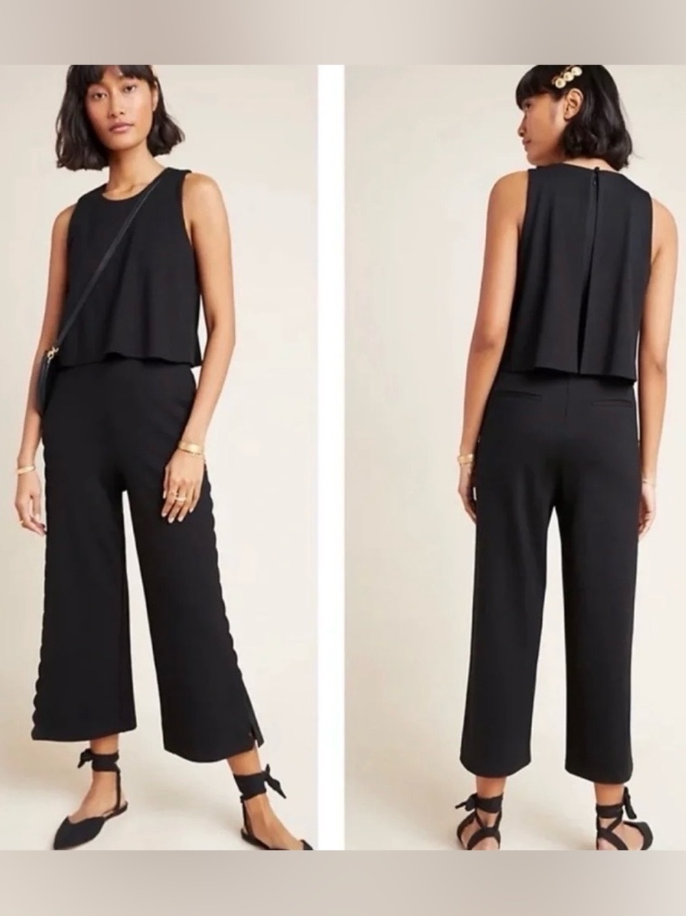 Anthropologie “Freya” Essential
Jumpsuit Black Scalloped Wide
Leg Sz 8